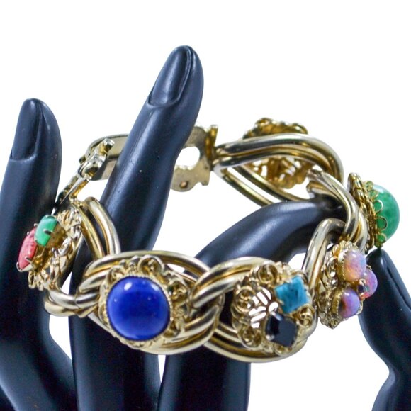 Vintage Gold Tone Bracelet Natural Stones Rope Design Clasp 1950s Statement - Picture 1 of 8